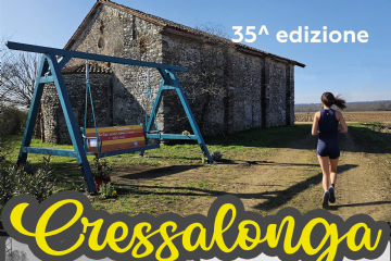 Scritte bianche informative in primo piano in basso nella parte alta Altalena, ragazza che corre di spalle e Oratorio di San Giulio