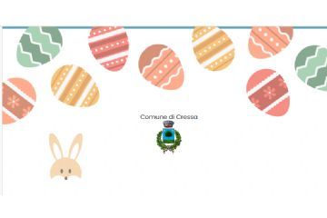 Ovetti di Pasqua colorati sullo sfondo, il viso di un coniglietto  e il Logo del Comune