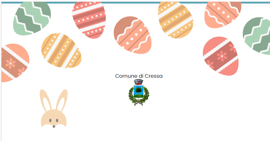 Ovetti di Pasqua colorati sullo sfondo, il viso di un coniglietto  e il Logo del Comune