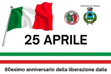Bandiera Tricolore su fondo bianco, stemma del Comune e la scritta 25 Aprile - Segue programma della manifestazione