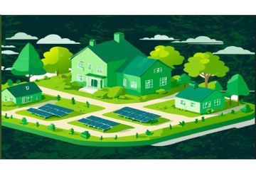 Paesaggio con case alberi e pannelli fotovoltaici di colore verde su fondo scuro