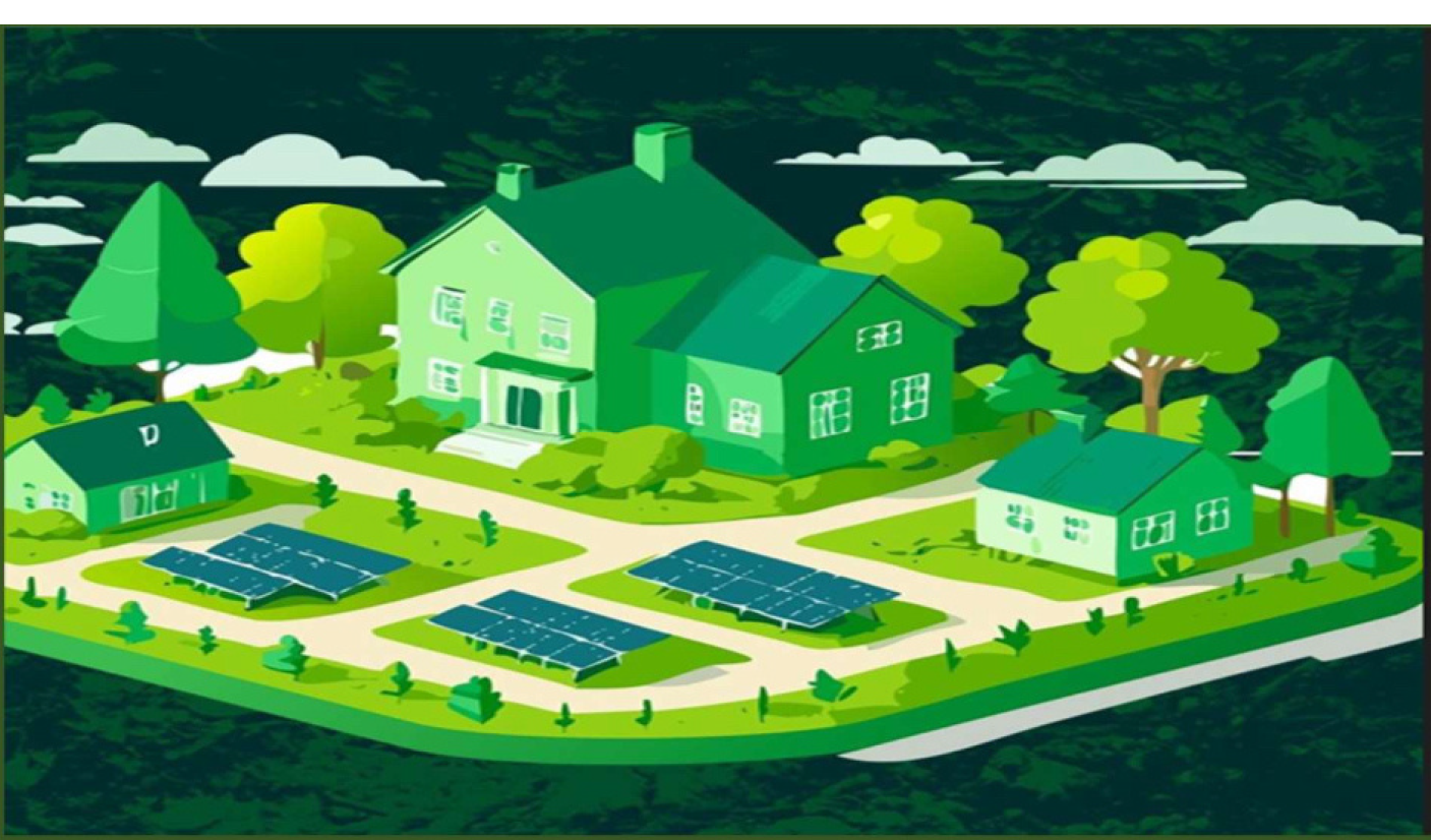 Paesaggio con case alberi e pannelli fotovoltaici di colore verde su fondo scuro