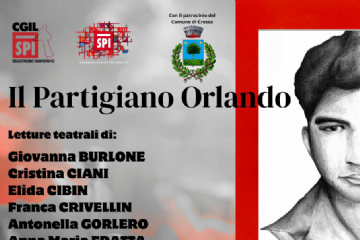 Volto di uomo in Bianco e Nero incorniciato da bordo rosso - Loghi SPI CGIL e Stemma comunale - Scritte IL PARTIGIANO ORLANDO