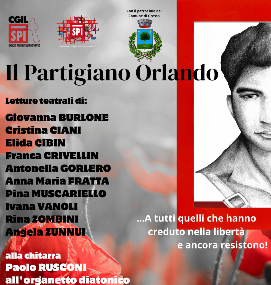 Volto di uomo in Bianco e Nero incorniciato da bordo rosso - Loghi SPI CGIL e Stemma comunale - Scritte IL PARTIGIANO ORLANDO