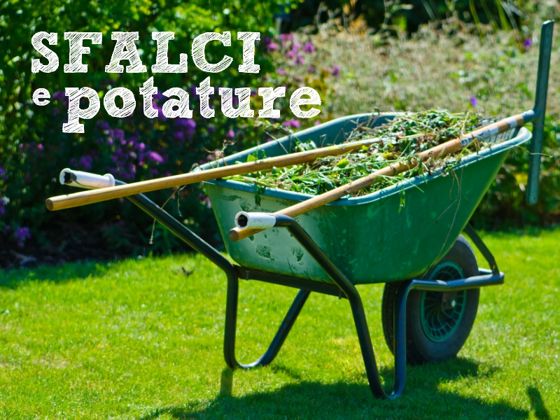 Cariola colma di sfalci verdi sul prato verde e scritta "Sfalci e potature"