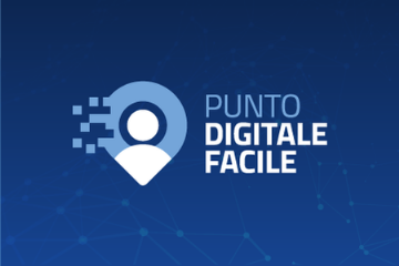 Fondo Blu e scritta Punto Digitale Facile con busto di Uomo stilizzato in bianco