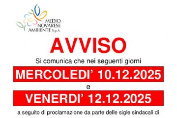 Avviso di sciopero mercoled&#236; 10/12/2025 e venerd&#236; 12/12/2025 societ&#224; Medio Novarese Ambiente SpA