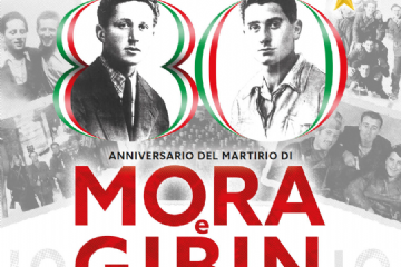 Numero 80 con all'interno i volti dei due Martiri della Resistenza Ernesto Mora e Ezio Gibin sotto la scritta "Anniversario del Martirio di Mora e Gibin"